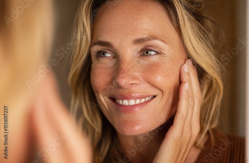 A middle-aged woman with blonde hair gently touches her face, smiling serenely at her reflection.