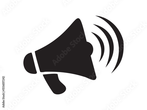 Black silhouette of megaphone with sound waves isolated on white background, graphic illustration. concept of communication, announcement, loudspeaker, icon, design element.