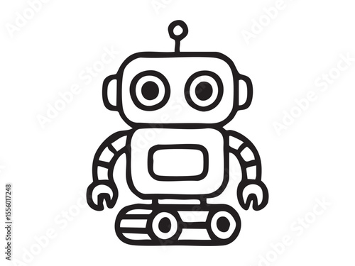 Black outline of robot toy on white background, graphic illustration. concept of icon, logo, mechanical toy, futuristic design, technology, robotics, machine art, isolated element.