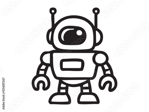 Black outline of robot toy isolated on white background, graphic illustration. concept of icon, logo, futuristic toy, artificial intelligence, design element, tech gadget