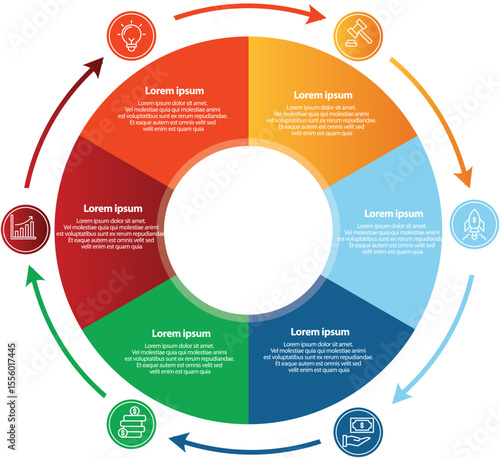 Collection of vector circle chart infographic templates for presentations, advertising, layouts, annual reports. 6 options, steps, parts	