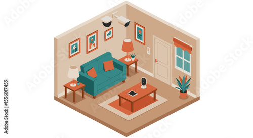 Cozy living room with smart security devices vector illustration for modern home design