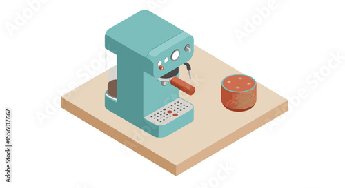 Isometric coffee machine and smart speaker vector illustration for kitchen design