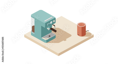 Modern coffee maker and smart speaker vector illustration for kitchen design in isometric style