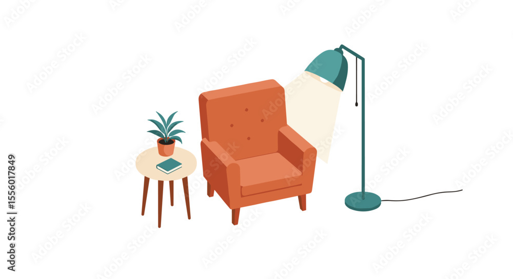 Fototapeta premium Cozy reading corner vector illustration: interior design in isometric style