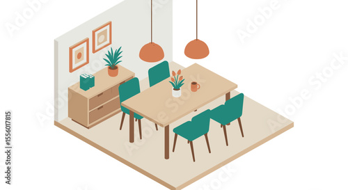 Modern dining room isometric vector illustration for interior design projects