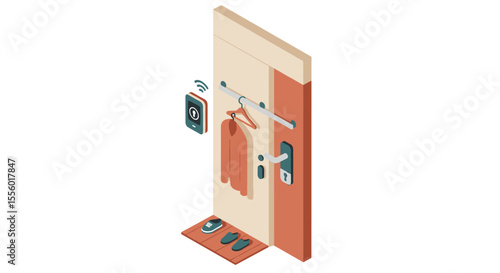 Isometric smart home vector illustration: keyless door entry concept art for poster design