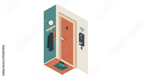 Smart home entrance greeting vector illustration in isometric style