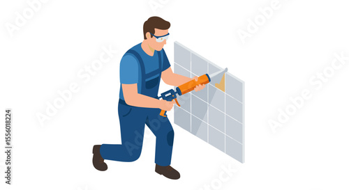 Construction worker with caulking gun vector illustration for industrial design in isometric style
