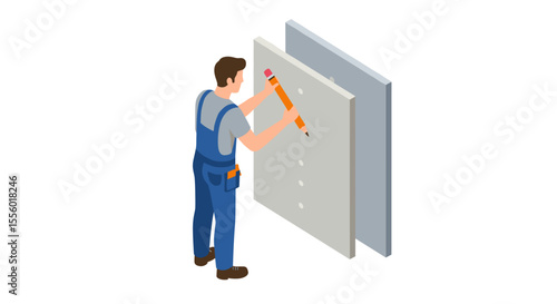 Carpenter working on drywall vector illustration, construction theme, isometric style, design for posters