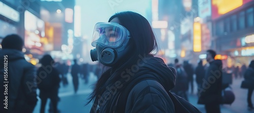 A street with people wearing futuristic oxygen masks due to pollution 