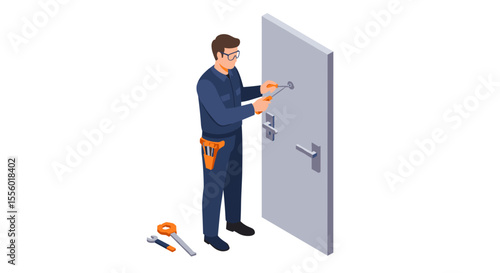Locksmith repairing door vector illustration - isometric repairman for security design