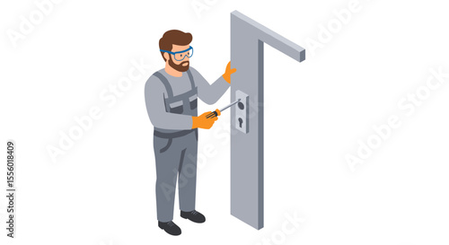 Locksmith working on door lock: vector illustration in isometric style for security and maintenance concepts