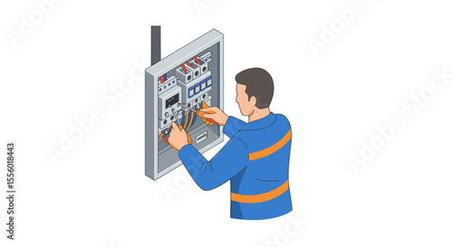 Electrician working on a circuit breaker box vector illustration for technical design