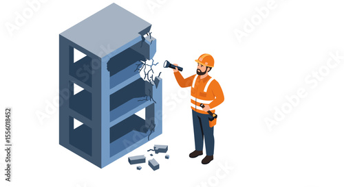 Engineer inspecting building damage vector illustration for construction safety design in isometric style
