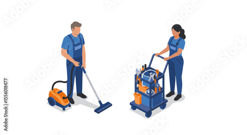 Professional cleaning team vector illustration - isometric design for business and marketing