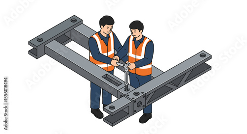 Construction collaboration vector illustration: engineers assembling steel beams for structural development, isometric style for educational design