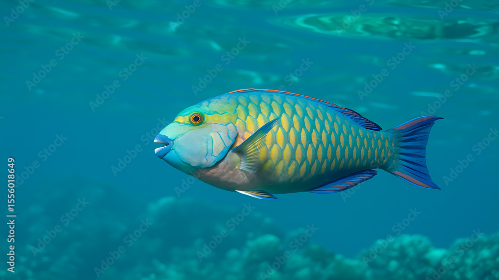 Naklejka premium Colorful tropical fish swimming in turquoise water. 