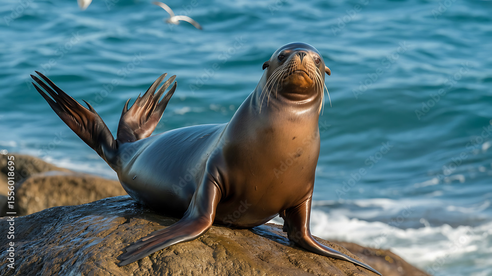Fototapeta premium A sea lion rests on a rock, facing the camera. 