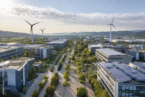 Sustainable Business Park Green Energy Modern Architecture Aerial View
