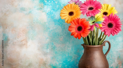 Wallpaper Mural Vibrant Gerbera Daisies in Rustic Pitcher on Textured Background Torontodigital.ca