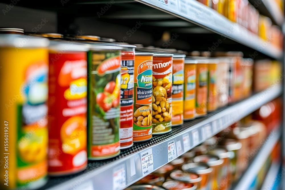 Obraz premium Colorful Canned Goods on Grocery Store Shelf in Bright Supermarket Aisle