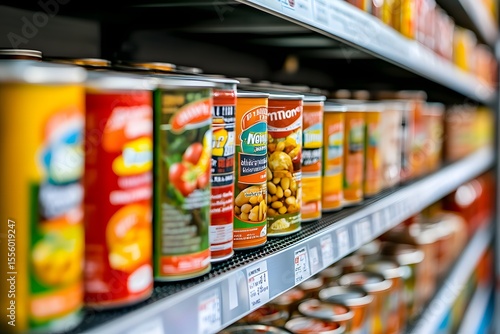 Colorful Canned Goods on Grocery Store Shelf in Bright Supermarket Aisle