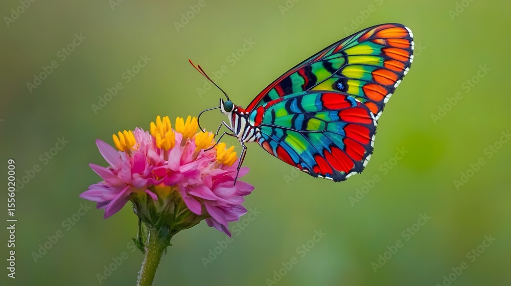 Fototapeta premium Vibrant Rainbow Butterfly on Pink Flower Macro Photography