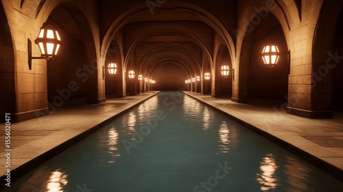 Wallpaper Mural Arched stone passageway with a central pool illuminated by wall mounted lanterns Torontodigital.ca