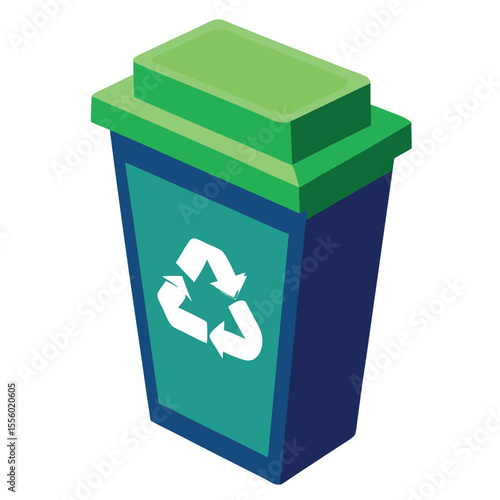 A modern green and blue recycling bin with a white recycling symbol on its side presented in an isometric perspective isolated on a white background. Ideal for use in waste management signage