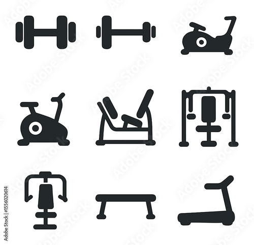 Gym Equipment Icons. Solid, filled icons set of gym equipment: dumbbell, barbell, rowing machine, exercise