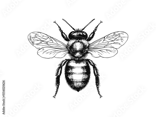 Hand-drawn retro line art, vintage botanical pollinator, seasonal garden artwork, spring bee engraving, black insect sketch, old engraving style, trendy floral pattern, classic nature drawing