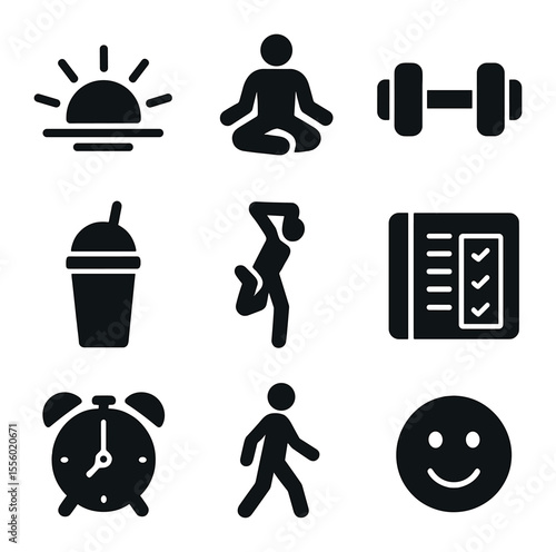 Morning Workout Icons. Solid, filled icons set of morning workout routine: sunrise, yoga pose, dumbbell,