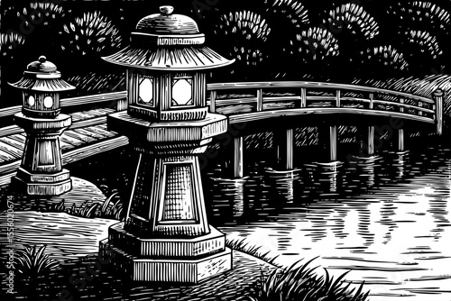 Riverside pagoda with stone lanterns and a wooden bridge nearby black and white sketch vector hand drawn