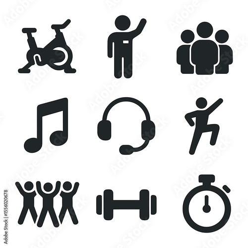 Group Fitness Icons. Solid, filled icons set of group fitness classes: spinning bike, instructor icon, crowd