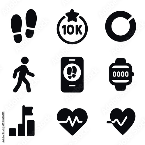 Step Tracking Icons. Solid, filled icons set of step counting: steps icon, footprint, 10k badge, progress ring