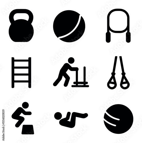 Functional Training Icons. Solid, filled icons set of functional training: kettlebell, medicine ball, jump
