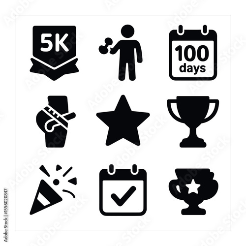 Fitness Milestones Icons. Solid, filled icons set of fitness milestones: 5K badge, first workout, 100 days,