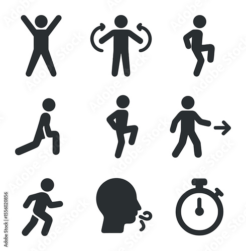 Warm-up Routine Icons. Solid, filled icons set of warm-up routines: jumping jacks, arm circles, leg swings,