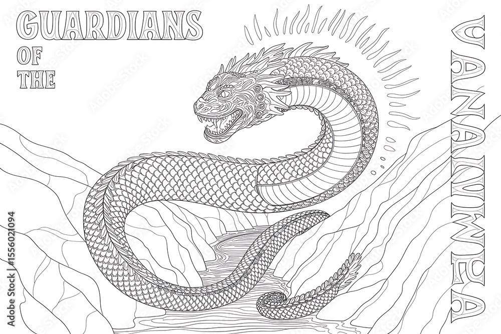 Fototapeta premium Mythical serpent guardian, coiled in mountain pass. 