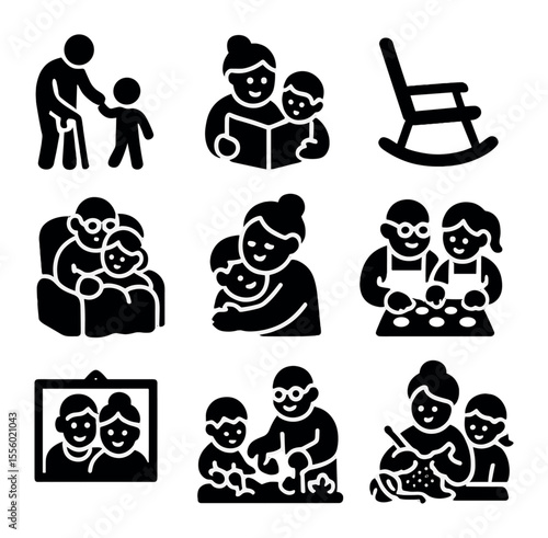 Grandparent Bonding Icons. Solid, filled icons set of grandparents and grandkids: walking cane, storybook,