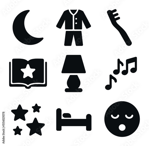 Bedtime Routine Icons. Solid, filled icons set of bedtime routine: moon icon, pajamas, toothbrush, storybook,