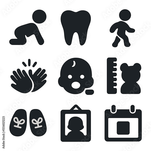 Baby Milestone Icons. Solid, filled icons set of baby milestones: crawling, first tooth, walking steps,