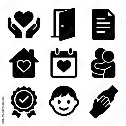 Foster Care Icons. Solid, filled icons set of foster care: heart hands, open door, document, safe home,