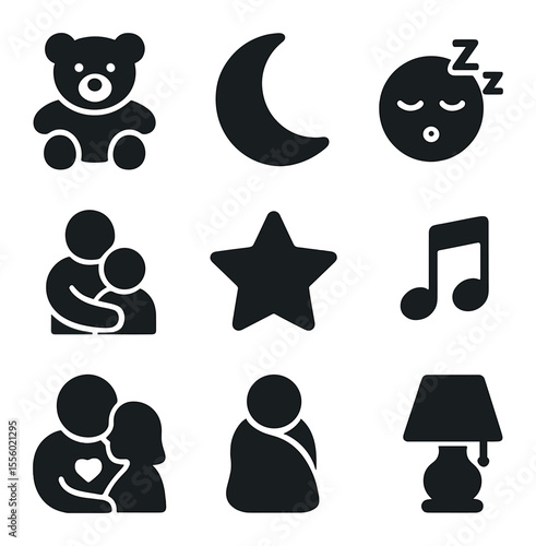 Bedtime Icons Set. Solid, filled icons set of bedtime hugs: teddy bear, moon icon, sleeping face, parent arms,