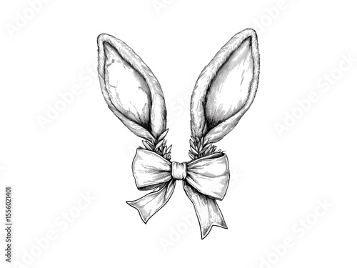 Spring bunny ear headband engraving, vintage sketch style, seasonal accessory, hand-drawn holiday decor illustration, black sketch, old engraving style, rustic charm, Easter design