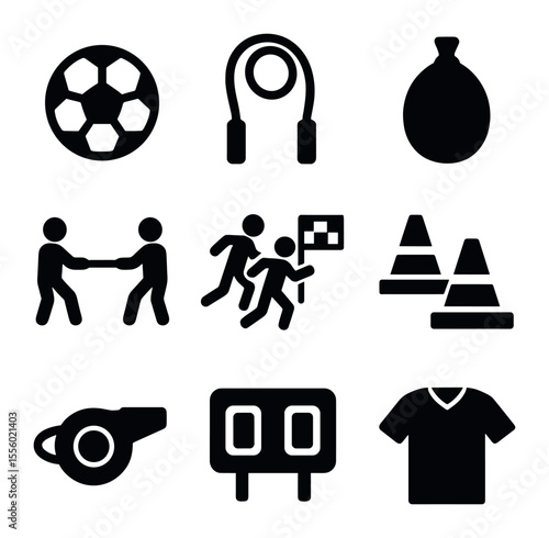 Outdoor Game Icons. Solid, filled icons set of outdoor games: soccer ball, skipping rope, water balloon, tug