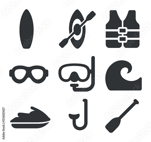 Water Sports Icons. Solid, filled icons set of water sports: surfboard, kayak, life vest, goggles, diving mask
