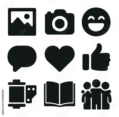Fun Memories Icons. Solid, filled icons set of fun memories: photo frame, camera, laughing face, chat bubble,