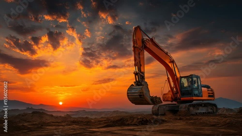 An excavator operates at dusk, digging into the earth while the sun sets in the background. The sky is filled with vibrant hues of orange and purple, creating a dramatic atmosphere